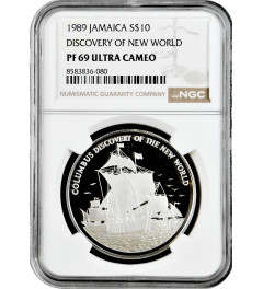 Jamaica 10 dollars 1989, NGC PF69 UC, "Columbus Discovery of the New World"