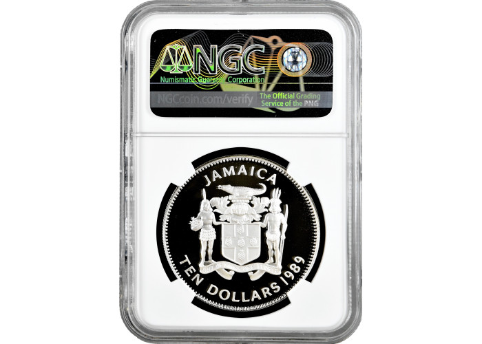 Jamaica 10 dollars 1989, NGC PF69 UC, "Columbus Discovery of the New World"