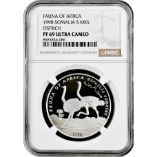 Сомали 10.000 шиллингов 1998 г., NGC PF69 UC, "Фауна Африки - Страусы" Top Pop