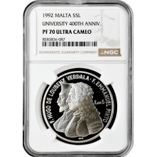 Мальта 5 лир 1993 г., NGC PF70 UC, "400-летие - Университет Мальты" Top Pop 1/0