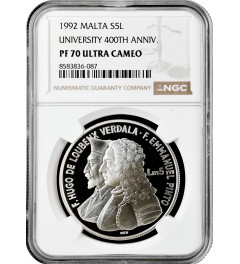 Malta 5 liri 1993, NGC PF70 UC, "400th Anniv. - University of Malta" Top Pop 1/0