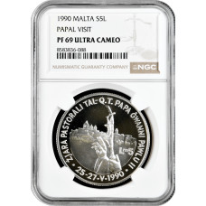 Мальта 5 лир 1990 г., NGC PF69 UC, "Визит Папы" Top Pop