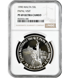 Malta 5 liri 1990, NGC PF69 UC, "Papal visit" silver coin Top Pop