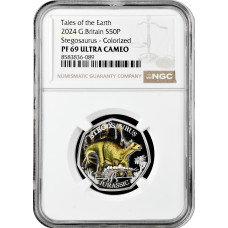 Великобритания 50 пенсов 2024 г., NGC PF69 UC, "Динозавры - Стегозавр, Цветное покрытие"