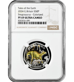 Great Britain 50 pence 2024, NGC PF69 UC, "Dinosaur - Stegosaurus, Colored" Ag