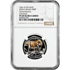 Великобритания 50 пенсов 2024 г., NGC PF69 UC, "Динозавры - Тираннозавр, Цветное покрытие"