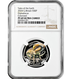 Great Britain 50 pence 2024, NGC PF69 UC, "Dinosaur - Diplodocus, Colored" Ag