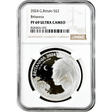 Великобритания 2 фунта 2024 г., NGC PF69 UC, "Британия, Океанская волна и Луна"