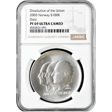 Norway 100 kroner 2005, NGC PF69 UC, "Dissolution of the Union - Data" silver