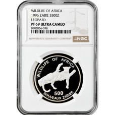 Zaire 500 new zaires 1996, NGC PF69 UC, "Wildlife of Africa - Leopard" Top Pop