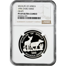 Zaire 500 new zaires 1996, NGC PF69 UC, "Wildlife of Africa - Okapi" Top Pop