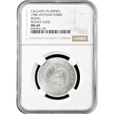 Vietnam 100 dong 1986, NGC MS69, "Calgary Olympics - Skiing" silver coin