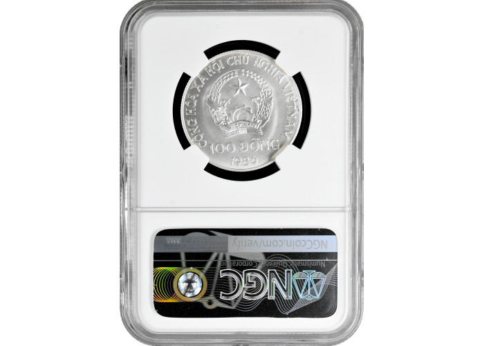 Vietnam 100 dong 1986, NGC MS69, "Calgary Olympics - Skiing" silver coin