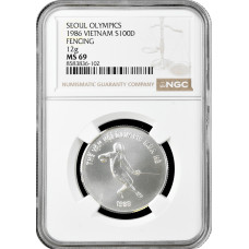 Vietnam 100 dong 1986, NGC MS69, "Seoul Olympics - Fencing" silver coin