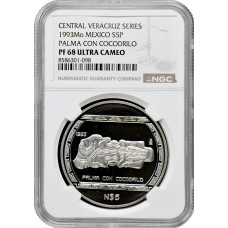 Mexico 5 pesos 1993, NGC PF68 UC, "Veracruz - Palma Con Cocodrilo" silver coin