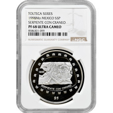 Mexico 5 pesos 1998 Mo, NGC PF68 UC, "Tolteca - Serpiente Con Craneo" silver
