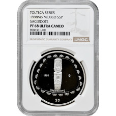 Mexico 5 pesos 1998 Mo, NGC PF68 UC, "Pre-Columbian Toltec - Sacerdote"