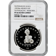Mexico 5 pesos 1997, NGC PF66 UC, "Teotihuacan - Mascara" silver coin