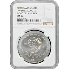 Mexico 5 pesos 1998 Mo, NGC MS67, "Teotihuacan - Disco de la Muerte" silver coin