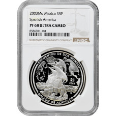 Mexico 5 pesos 2003 Mo, NGC PF68 UC, "Ibero-America - Navigation" silver coin