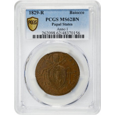 Papal States 1 baiocco 1829 R, PCGS MS62 BN, "Pope Pius VIII (1829 - 1830)"