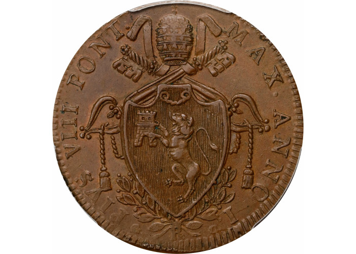 Papal States 1 baiocco 1829 R, PCGS MS62 BN, "Pope Pius VIII (1829 - 1830)"