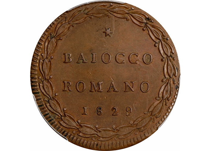 Papal States 1 baiocco 1829 R, PCGS MS62 BN, "Pope Pius VIII (1829 - 1830)"