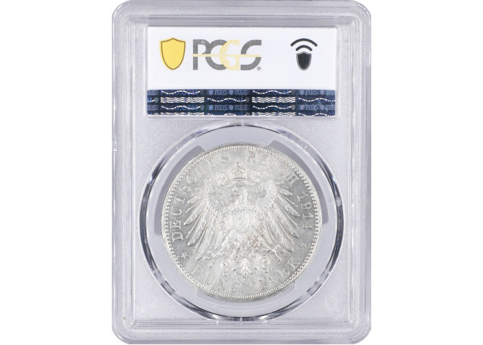 Бавария 5 марок 1914 г. D, PCGS MS63, "Король Людвиг III (1913 - 1918)"
