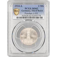Germany - Third Reich 2 reichsmark 1934 A, PCGS MS62, "Potsdam Garrison Church"