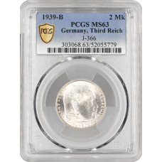 Germany - Third Reich 2 reichsmark 1939 B, PCGS MS62, "Nazi Germany (1933-1945)"