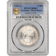 Germany - Third Reich 5 reichsmark 1933 A, PCGS MS63, "450th Ann. Martin Luther"