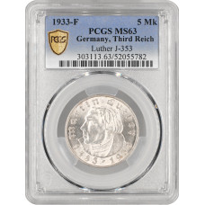 Germany - Third Reich 5 reichsmark 1933 F, PCGS MS63, "450th Ann. Martin Luther"