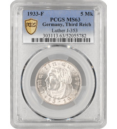 Germany - Third Reich 5 reichsmark 1933 F, PCGS MS63, "450th Ann. Martin Luther"
