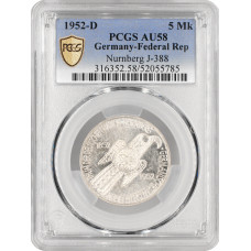 Germany - FRG 5 mark 1952 D, PCGS AU58, "100th Anniversary - Nurnberg Museum"