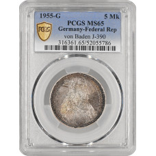 Germany - FRG 5 mark 1955 G, PCGS MS65, "Birth of Ludwig von Baden" silver coin