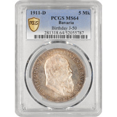 Bavaria 5 mark 1911 D, PCGS MS64, "90th Anni. - Birth of Prince Regent Luitpold"