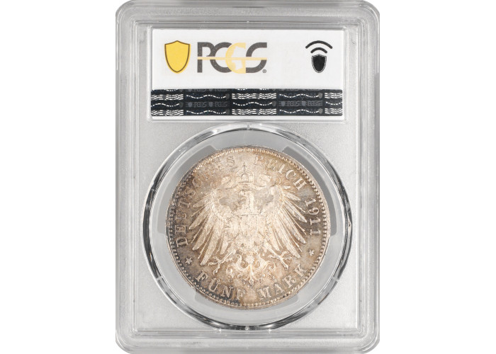 Bavaria 5 mark 1911 D, PCGS MS64, "90th Anni. - Birth of Prince Regent Luitpold"