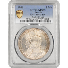 Пруссия 5 марок 1901 г. A, PCGS MS62, "200 лет Пруссии"
