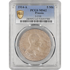 Пруссия 5 марок 1914 г. A, PCGS MS62, "Король Вильгельм II (1888 - 1918)"