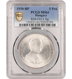 Hungary 5 pengo 1930 BP, PCGS MS61, "Admiral Miklos Horthy" silver coin