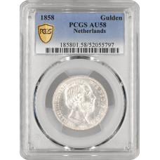 Netherlands 1 gulden 1858, PCGS AU58, "King William III (1849 - 1890)"