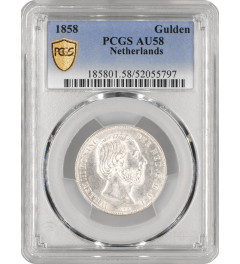 Netherlands 1 gulden 1858, PCGS AU58, "King William III (1849 - 1890)"