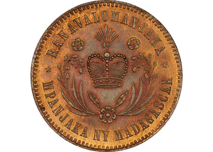 Madagascar 10 centimes 1883, PCGS SP64 RB, "Queen Ranavalona III (1883 - 1897)"