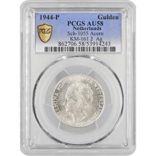 Netherlands 1 gulden 1944 P, PCGS AU58, "Queen Wilhelmina (1890 - 1948)"