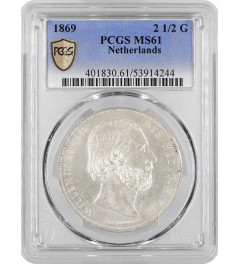 Netherlands 2 1/2 gulden 1869, PCGS MS61, "King William III (1849 - 1890)"