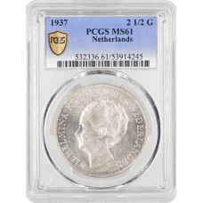 Netherlands 2 1/2 gulden 1937, PCGS MS61, "Queen Wilhelmina (1890 - 1948)"