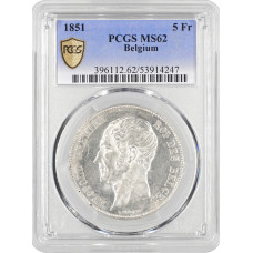 Belgium 5 francs 1851, PCGS MS62, "King Leopold I (1832 - 1865)" silver coin