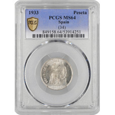 Spain 1 peseta 1933 (34), PCGS MS64, "Second Republic (1931 - 1939)" silver coin