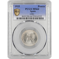 Spain 1 peseta 1933 (34), PCGS MS64, "Second Republic (1931 - 1939)" silver coin