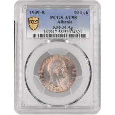 Albania 10 leke 1939 R, PCGS AU58, "Italian occupation (1939 - 1943)" silver